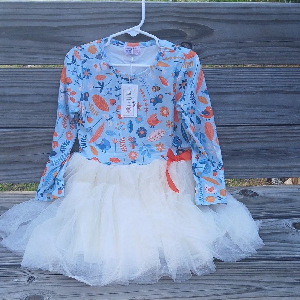 Pete + Lucy Floral Long Sleeve Girls Dress with Tulle Skirt, 5